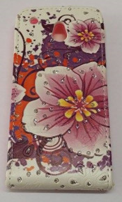 Кожен калъф FLIP FLEXI с брокат за HTC ONE MINI M4 бял с лилави цветя